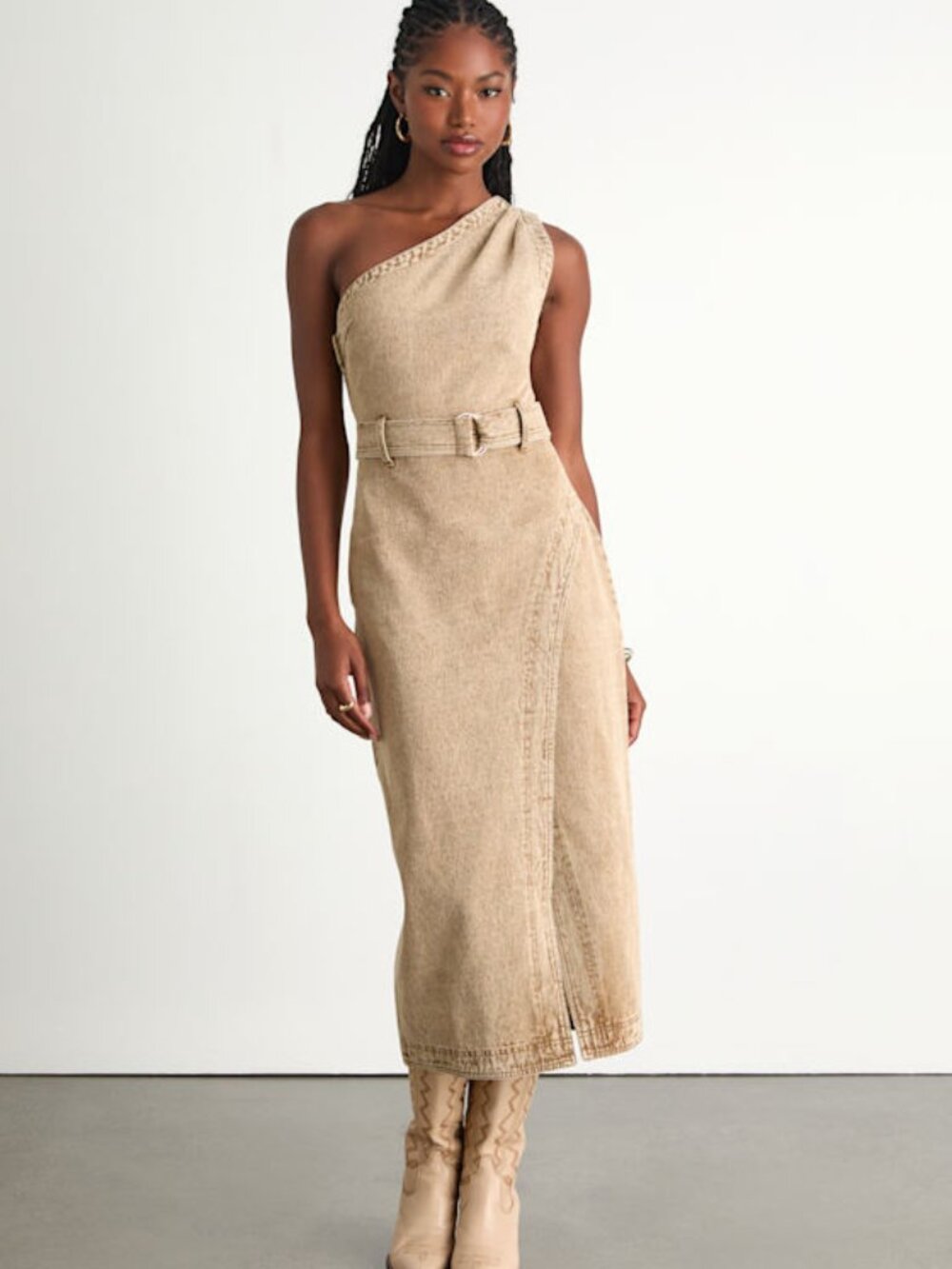 Lulus Avelina Washed Tan Denim One-shoulder Belted Midi Dress Beige - Size L